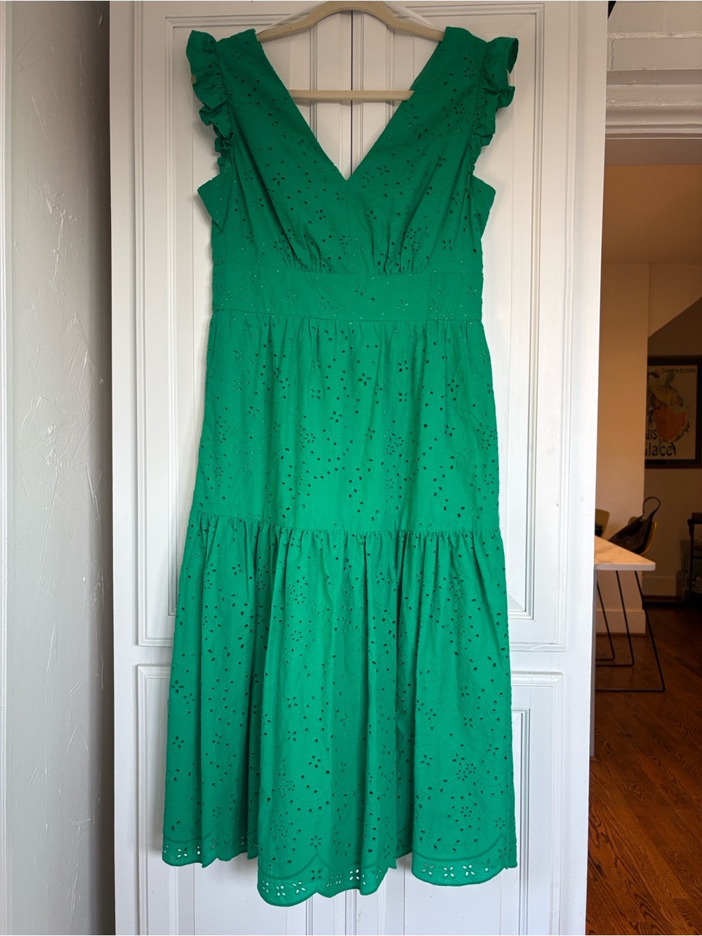 Maggy London Green Eyelet Tiered Midi Dress